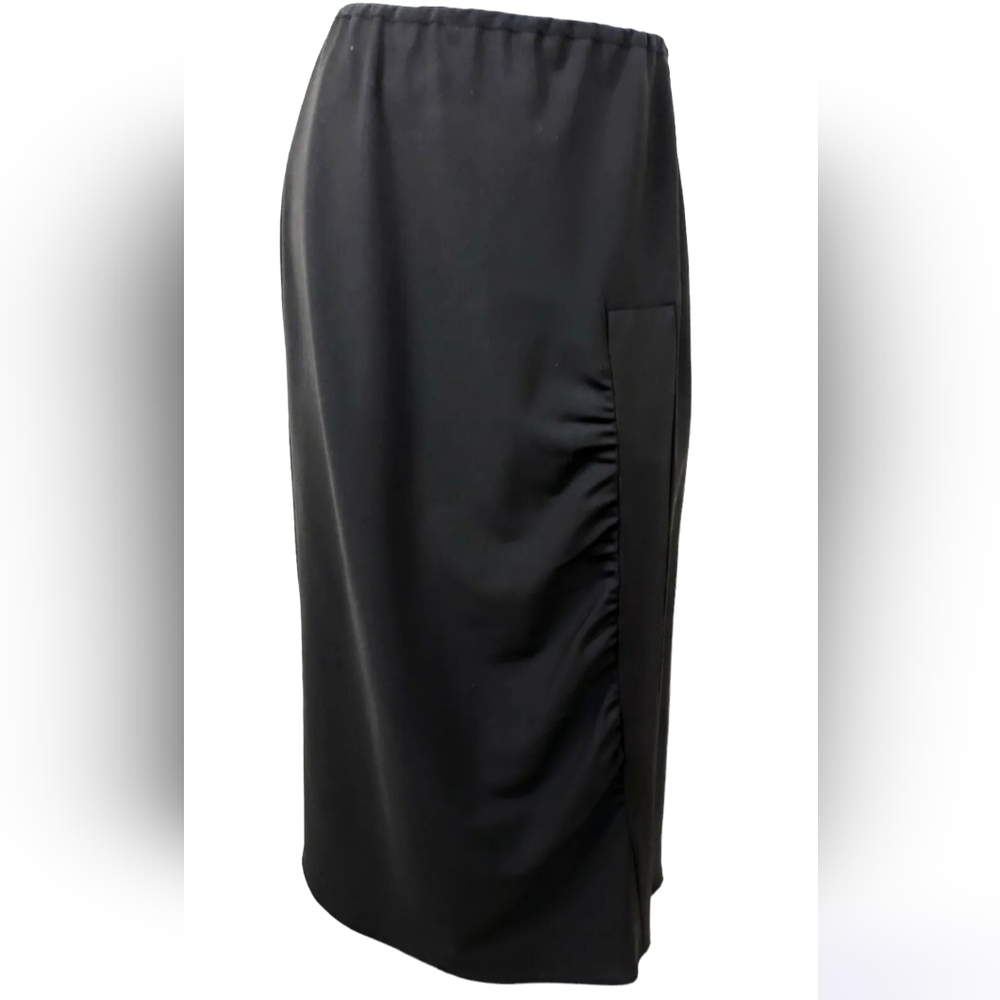 EUC Babette Small Black Midi Skirt Wool Blend Ruched Insert Pullon Elastic Waist
